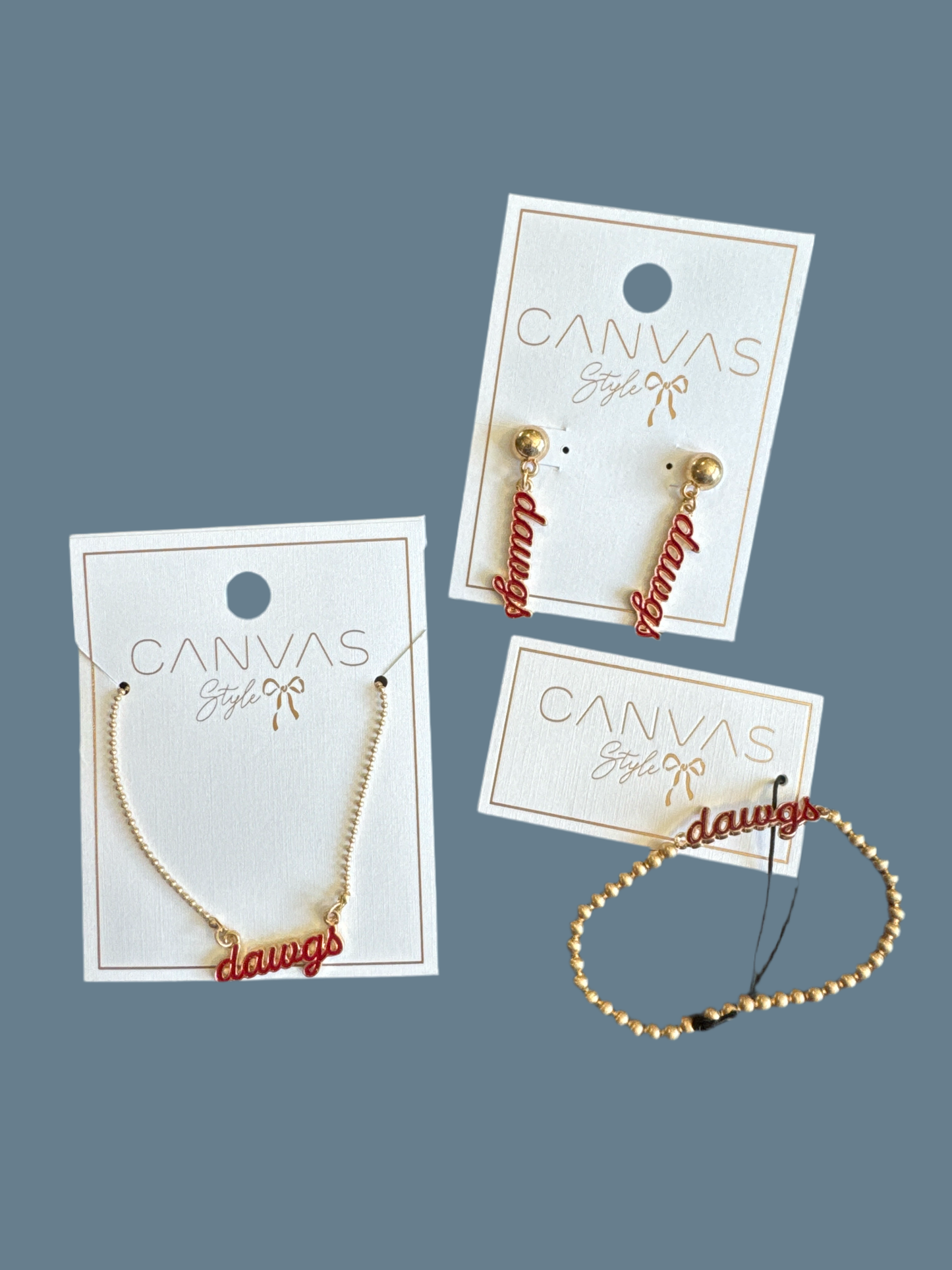 Canvas Enamel dawgs script necklace, earrings, and bracelet