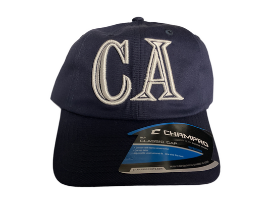 Navy fitted hat with CA white design