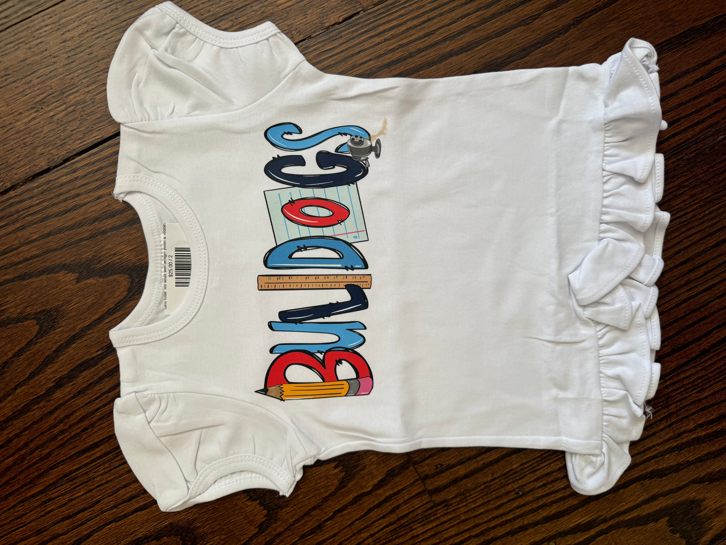 Girls ruffle Tee white with design- youth & Toddler