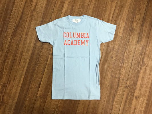 Baby Blue Adult tee with Columbia Academy in Red