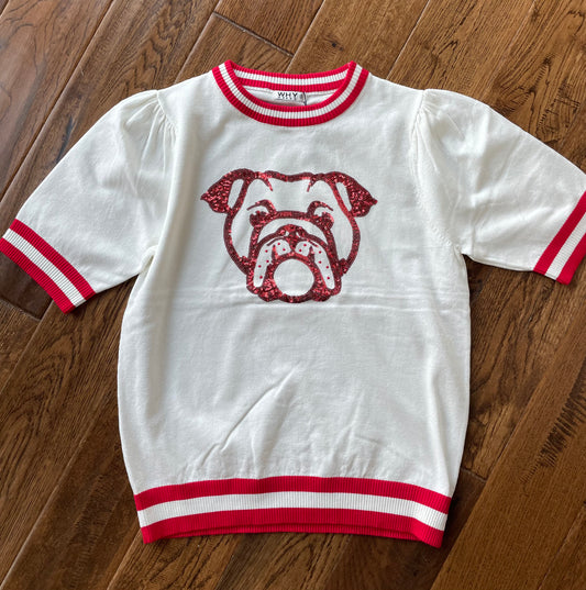 Bulldog Sequin Knit Short Sleeve Sweater